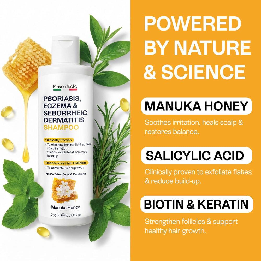 Pharmlitalia psoriasis shampoo packaging highlights natural honey-based therapy for scalp health