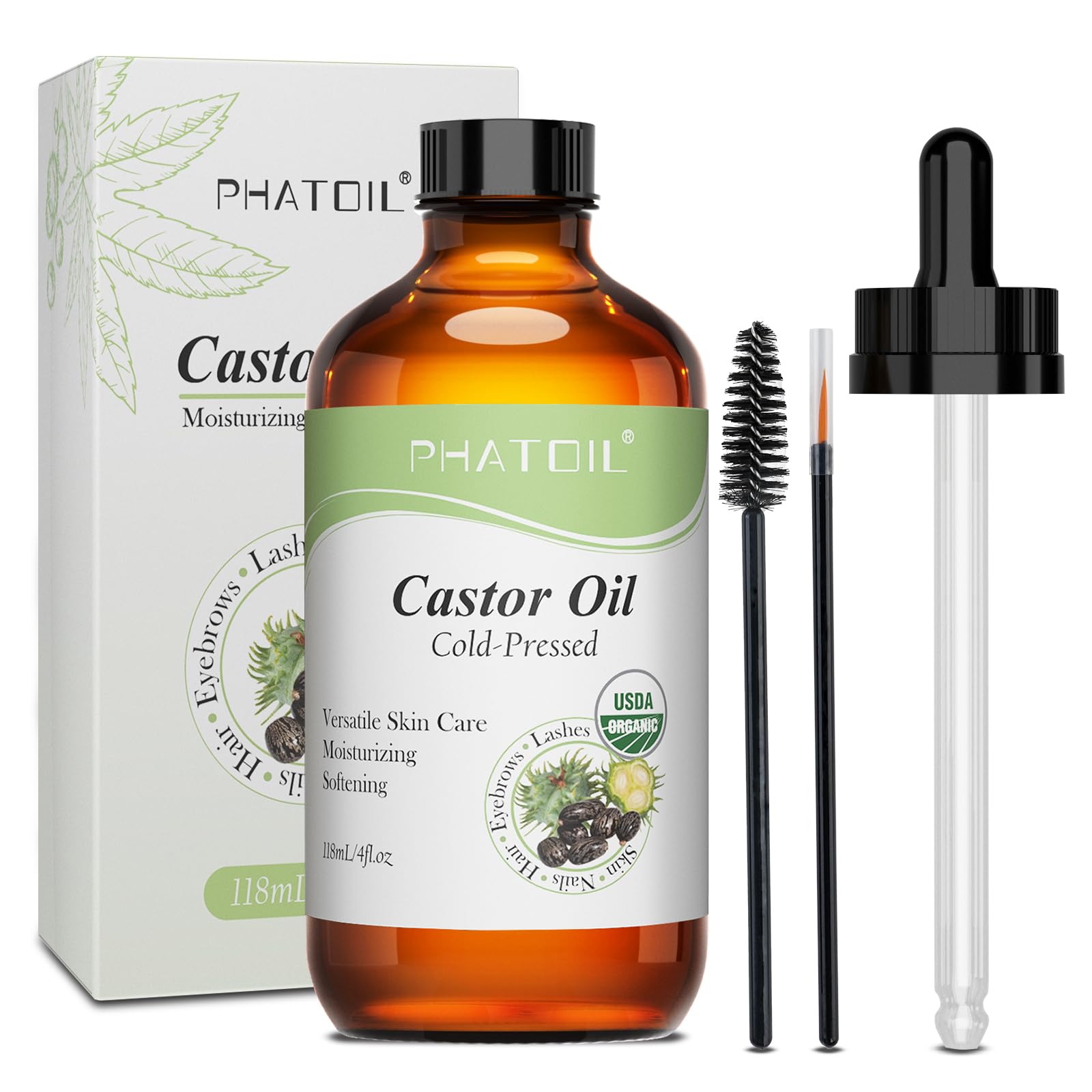 PHATOIL glass bottle front view shows organic label and premium packaging benefit