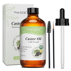 PHATOIL glass bottle front view shows organic label and premium packaging benefit