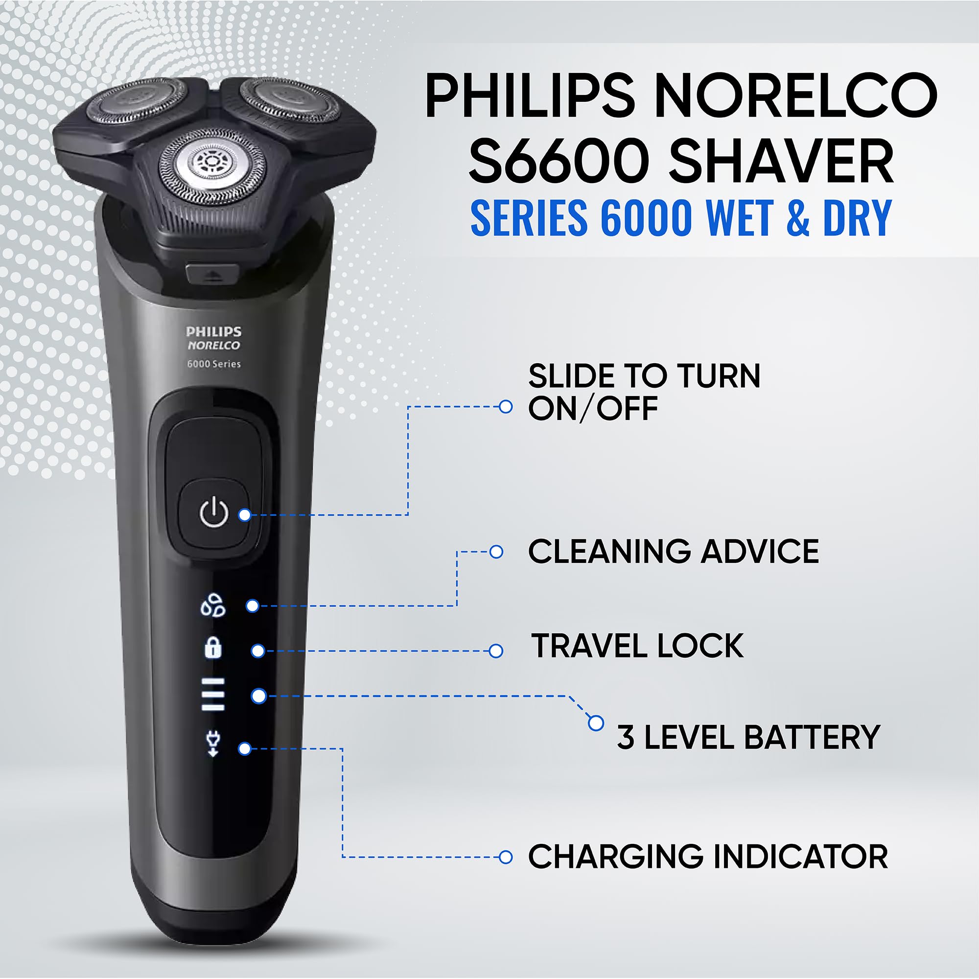 Philips shaver LED display and anti-slip grip for precise wet use.