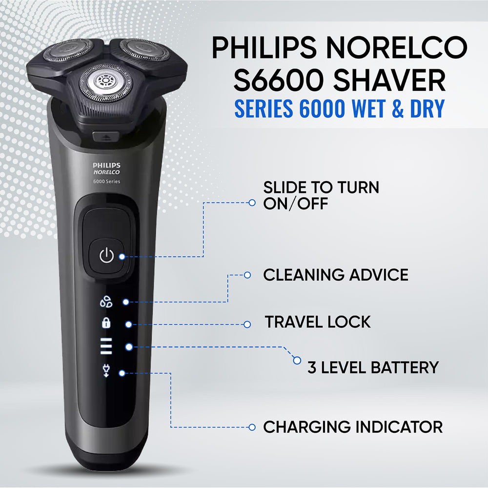 Philips shaver LED display and anti-slip grip for precise wet use.