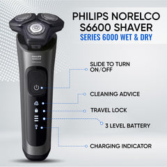 Philips shaver LED display and anti-slip grip for precise wet use.