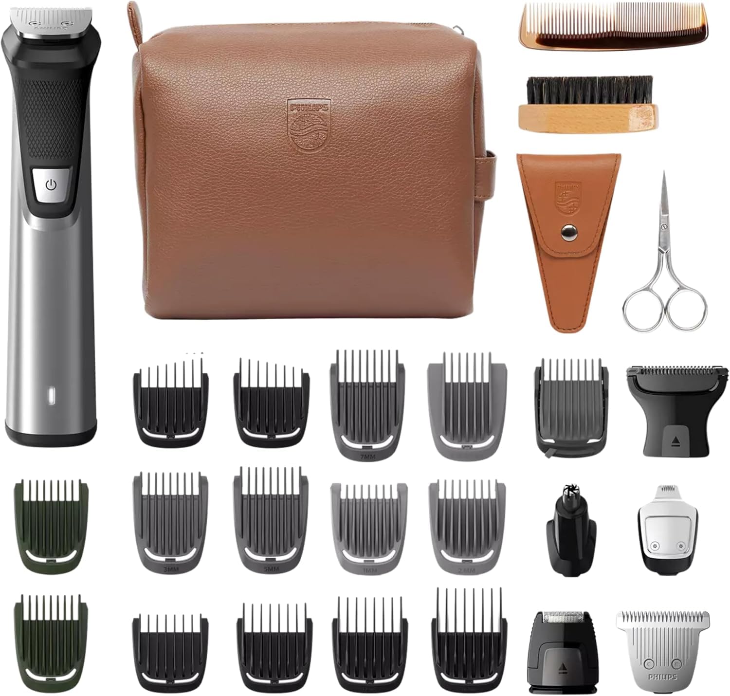 Philips Multi Groomer 29-piece kit with premium case for organized grooming.