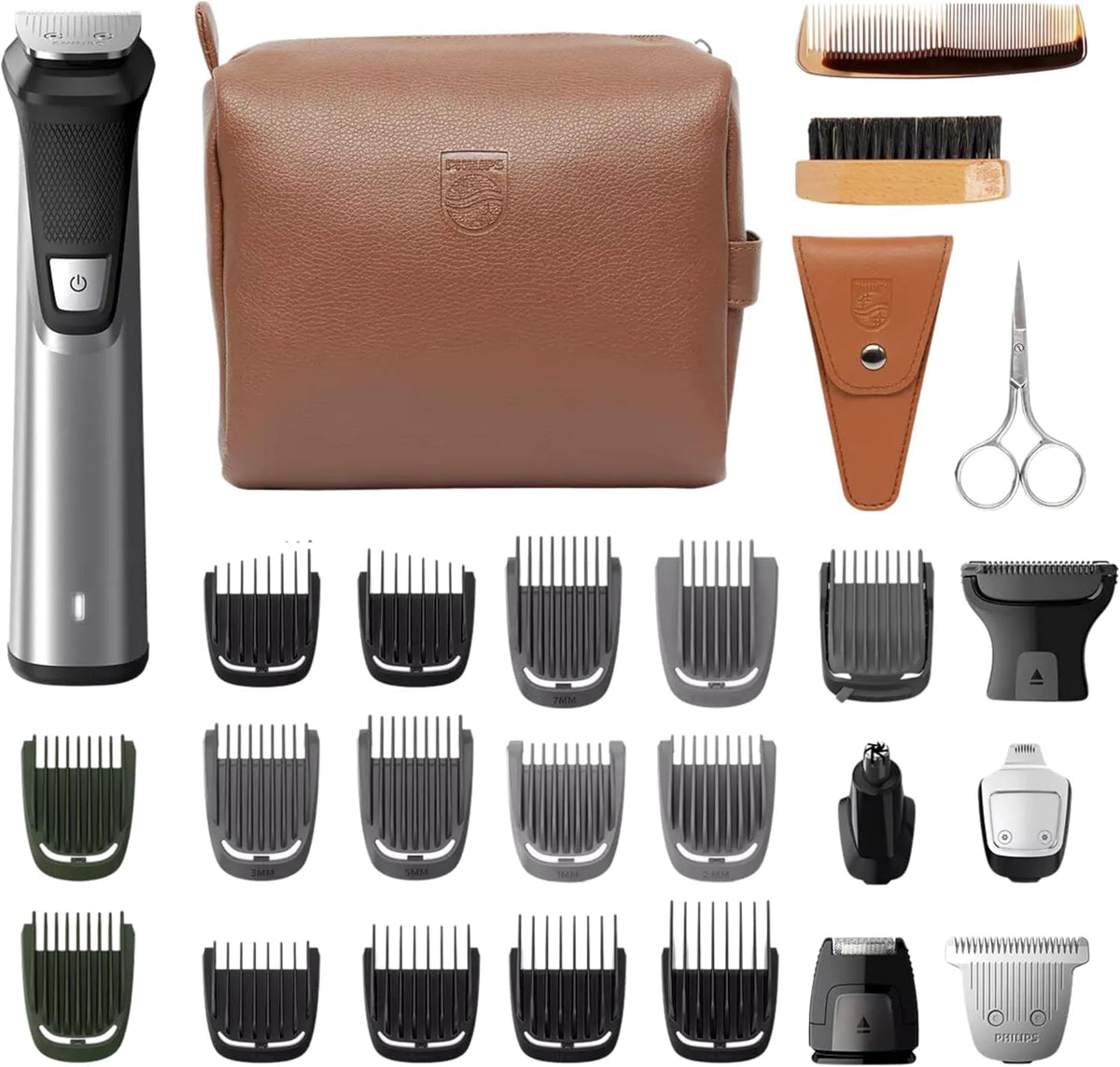 Philips Multi Groomer 29-piece kit with premium case for organized grooming.