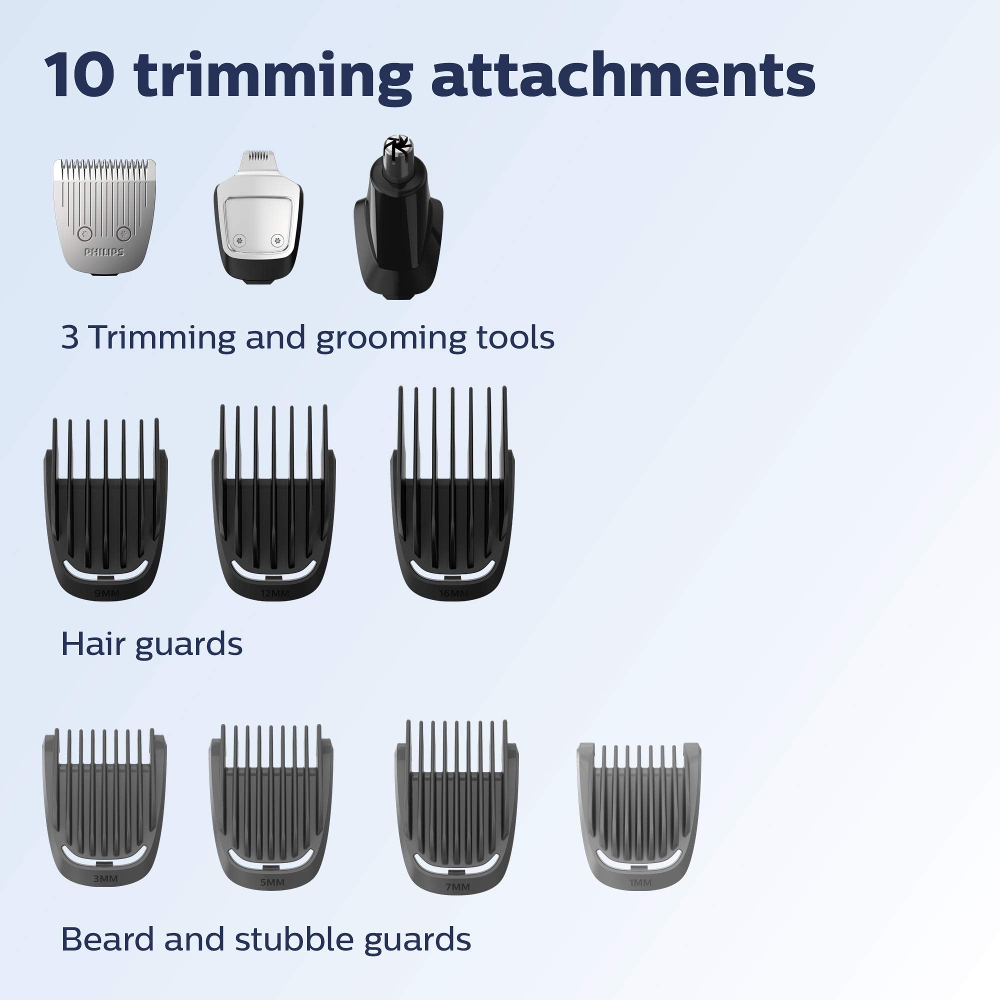 Philips Norelco MG3750 hair guards attached for customizable length options