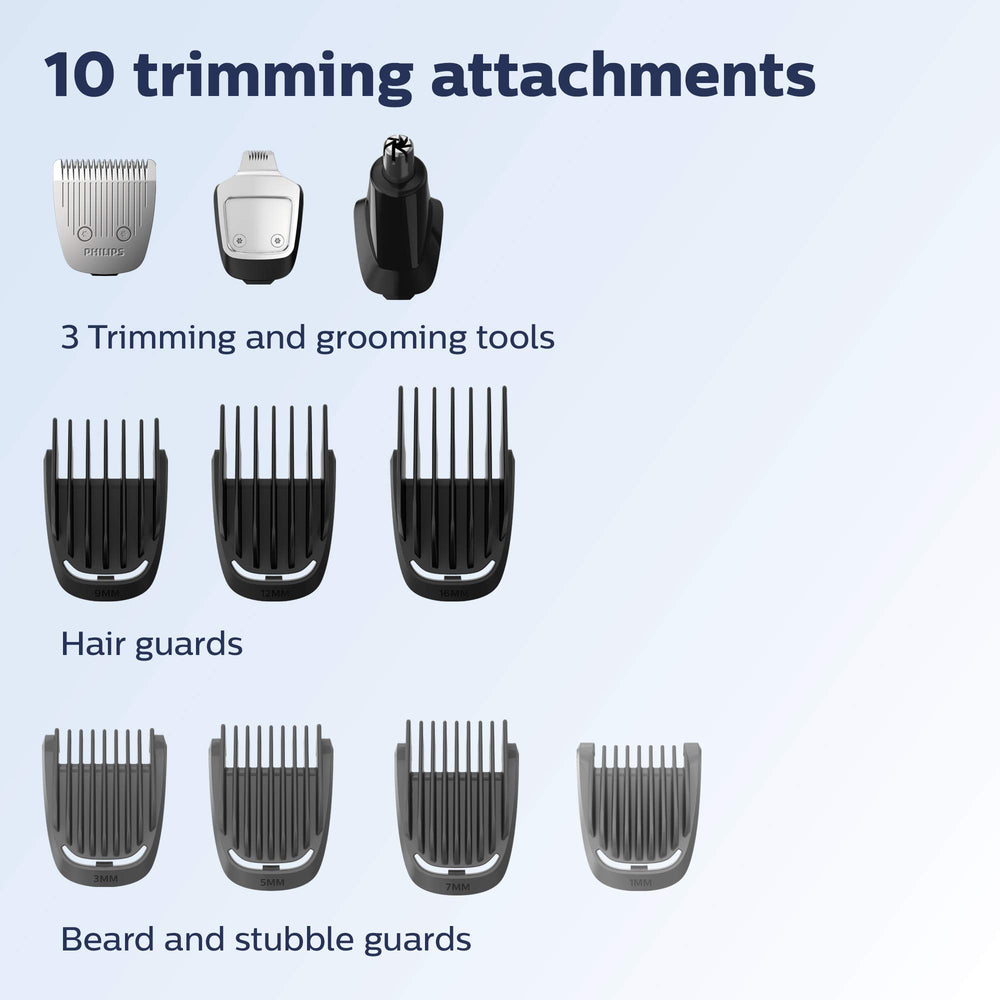 Philips Norelco MG3750 hair guards attached for customizable length options