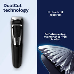 Philips Norelco MG3750 steel blades close-up showing self-sharpening capability