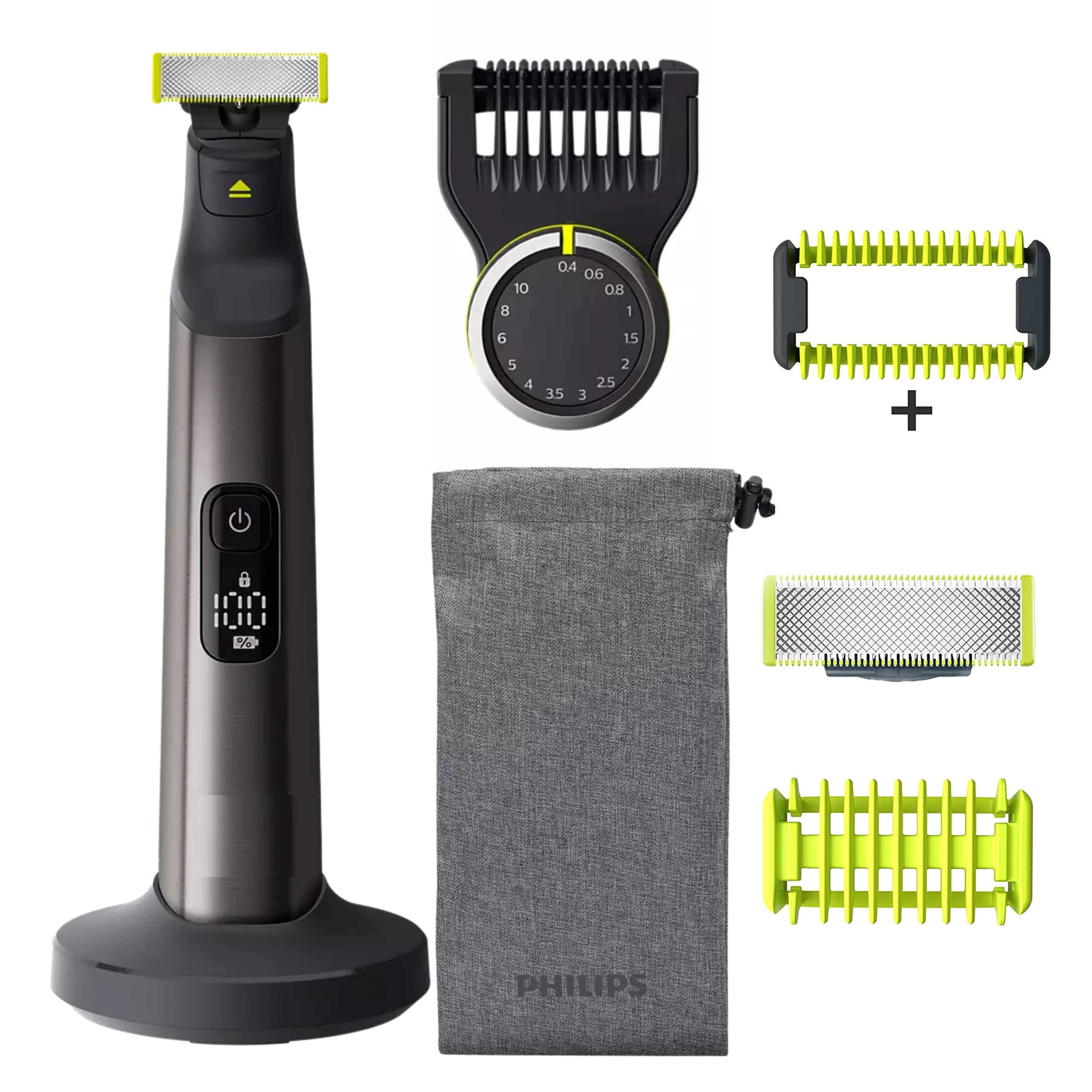 Philips Norelco OneBlade Pro digital display shows battery status for ready grooming.