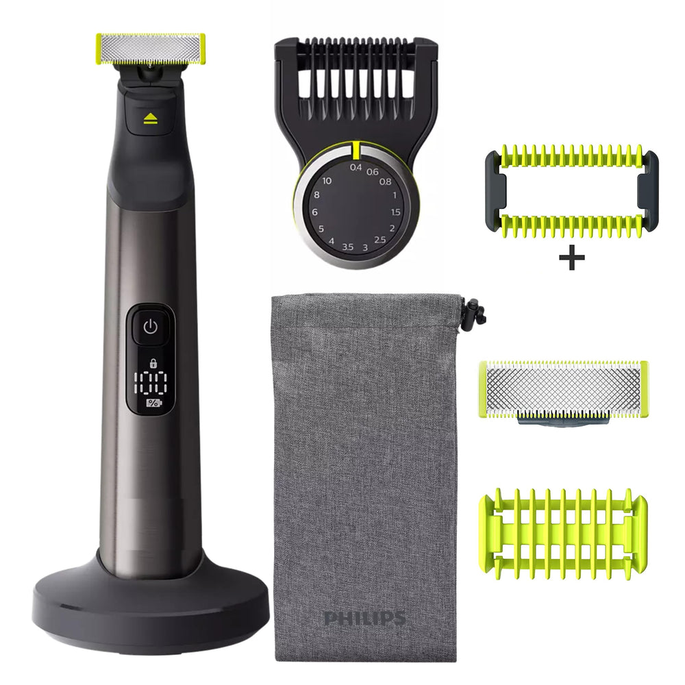 Philips Norelco OneBlade Pro digital display shows battery status for ready grooming.