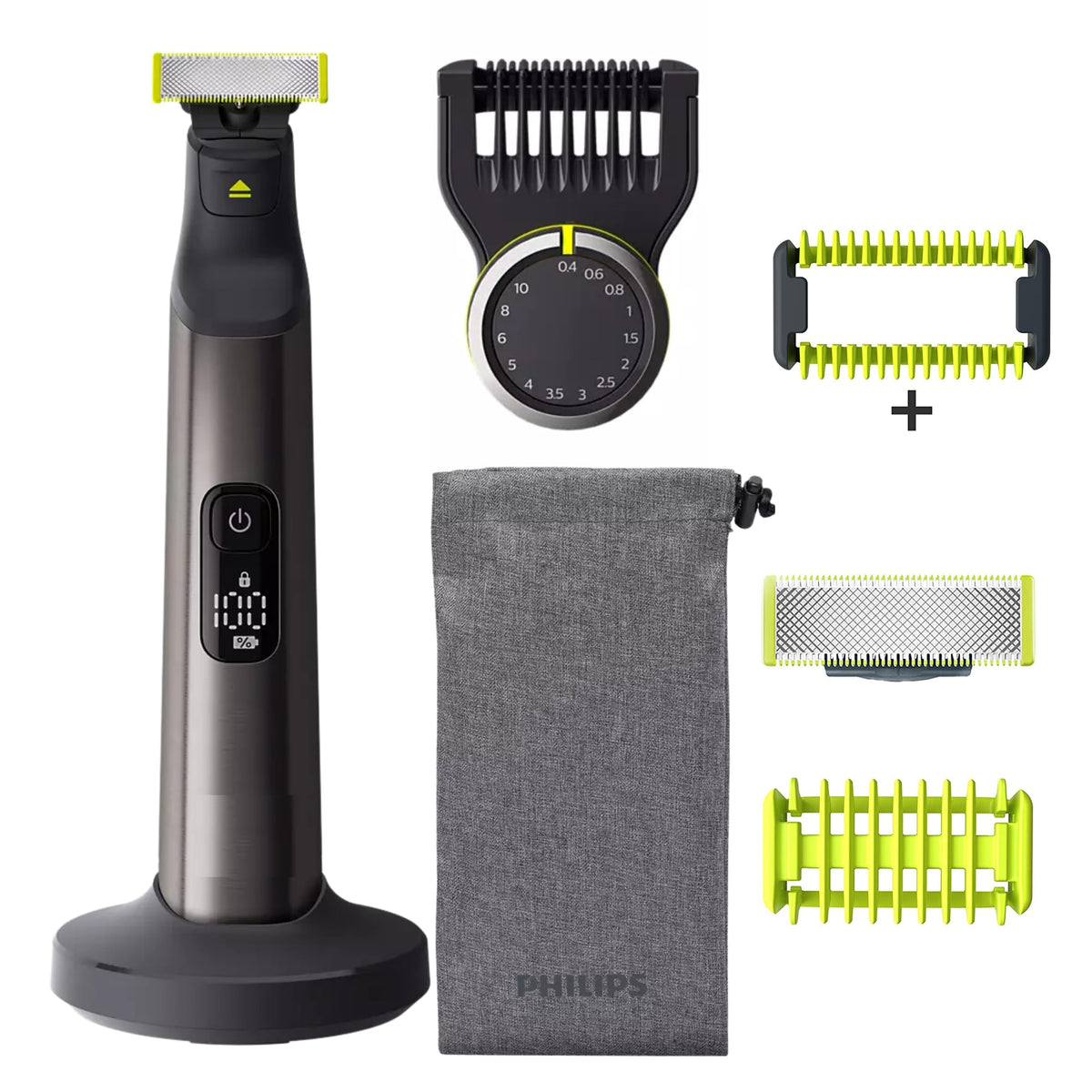 Philips Norelco OneBlade Pro digital display shows battery status for ready grooming.