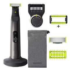 Philips Norelco OneBlade Pro digital display shows battery status for ready grooming.