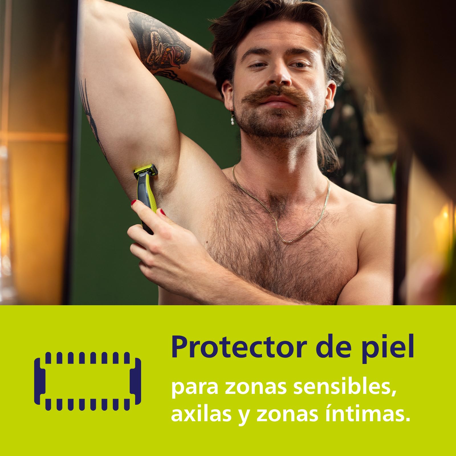 Philips OneBlade double protection system ensures a smooth, secure shave.