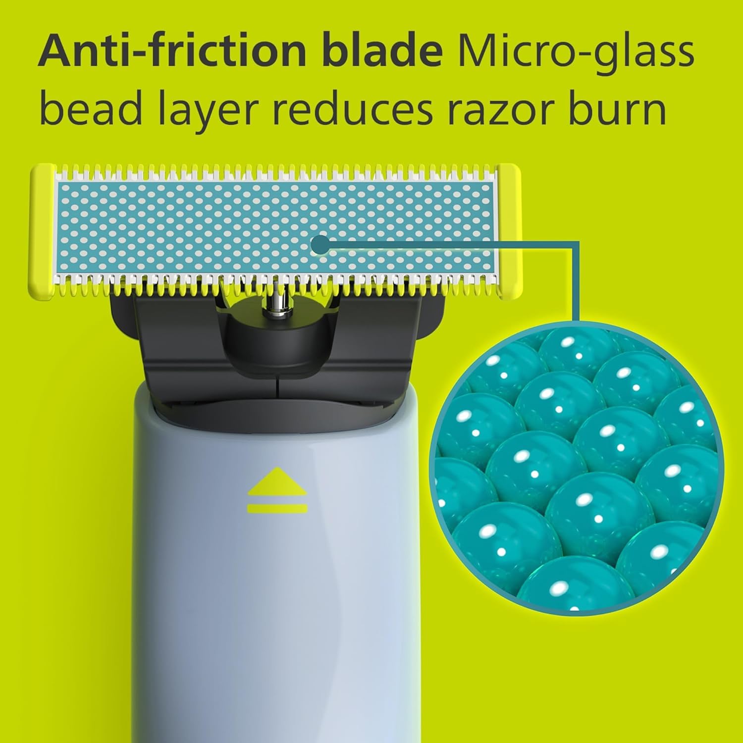 Philips OneBlade First Shave blade close-up emphasizes anti-friction blade and protection against nicks.