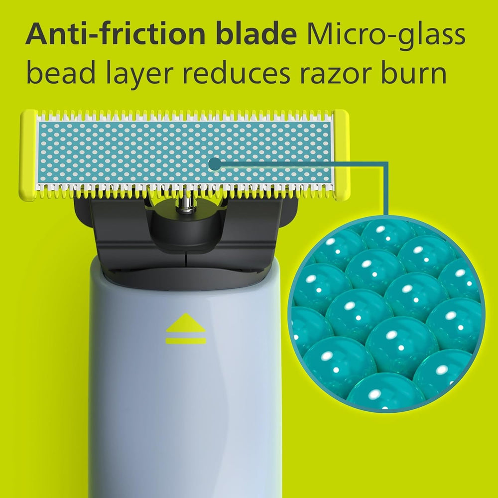 Philips OneBlade First Shave blade close-up emphasizes anti-friction blade and protection against nicks.