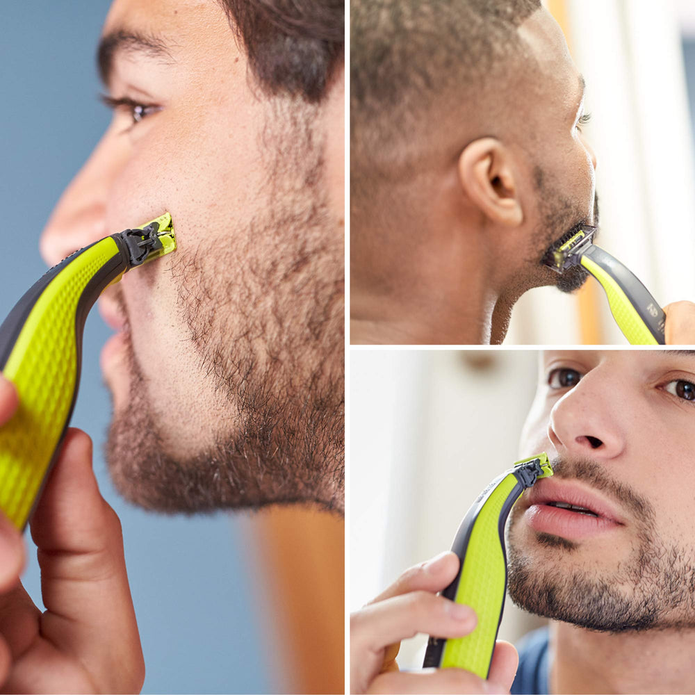 Philips OneBlade QP2520 blade-system closeup illustrates Dual Cut technology in action.