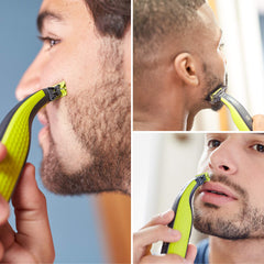 Philips OneBlade QP2520 blade-system closeup illustrates Dual Cut technology in action.