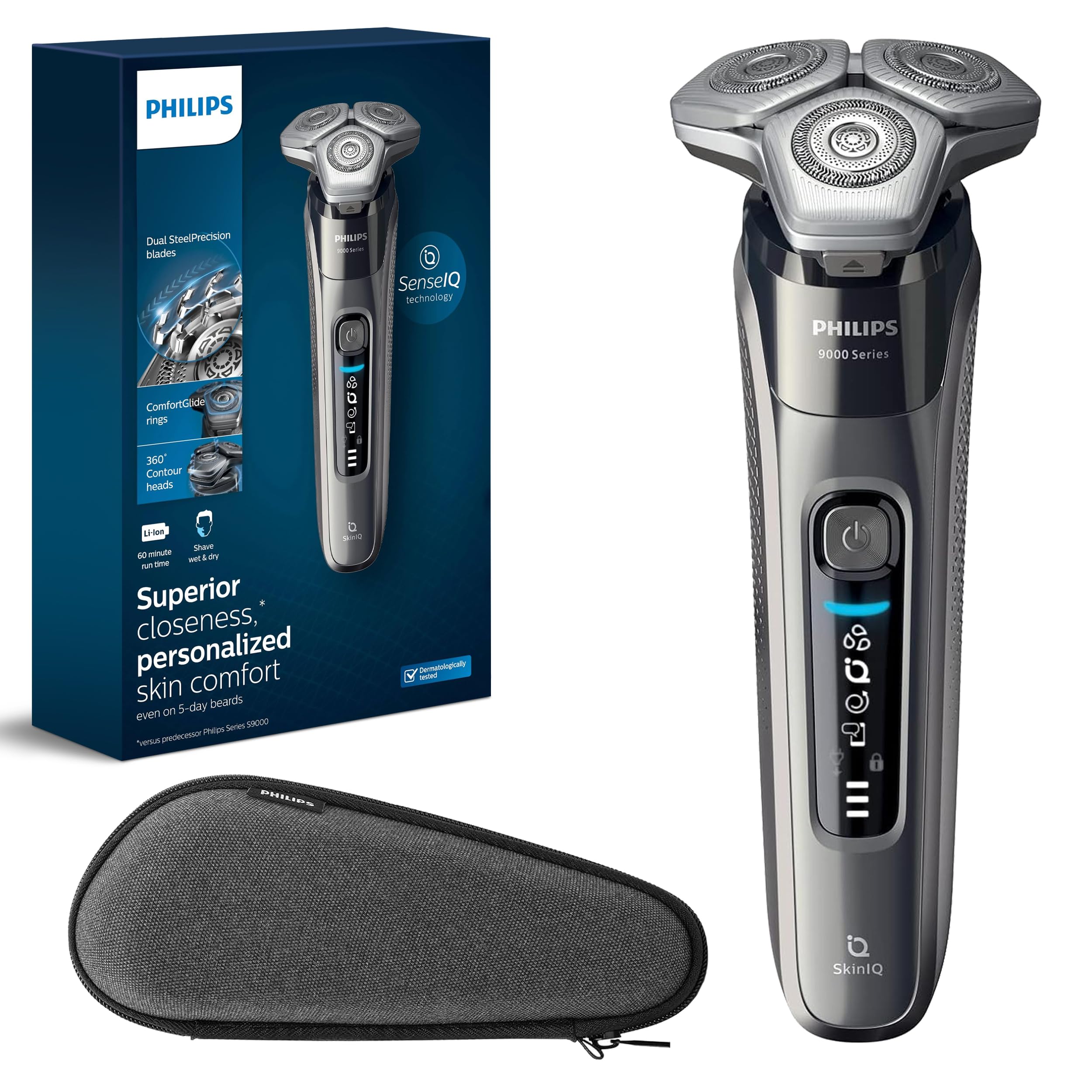 Philips Rechargeable Shaver Series 9000 front view shows sleek silver design for a gentle shave