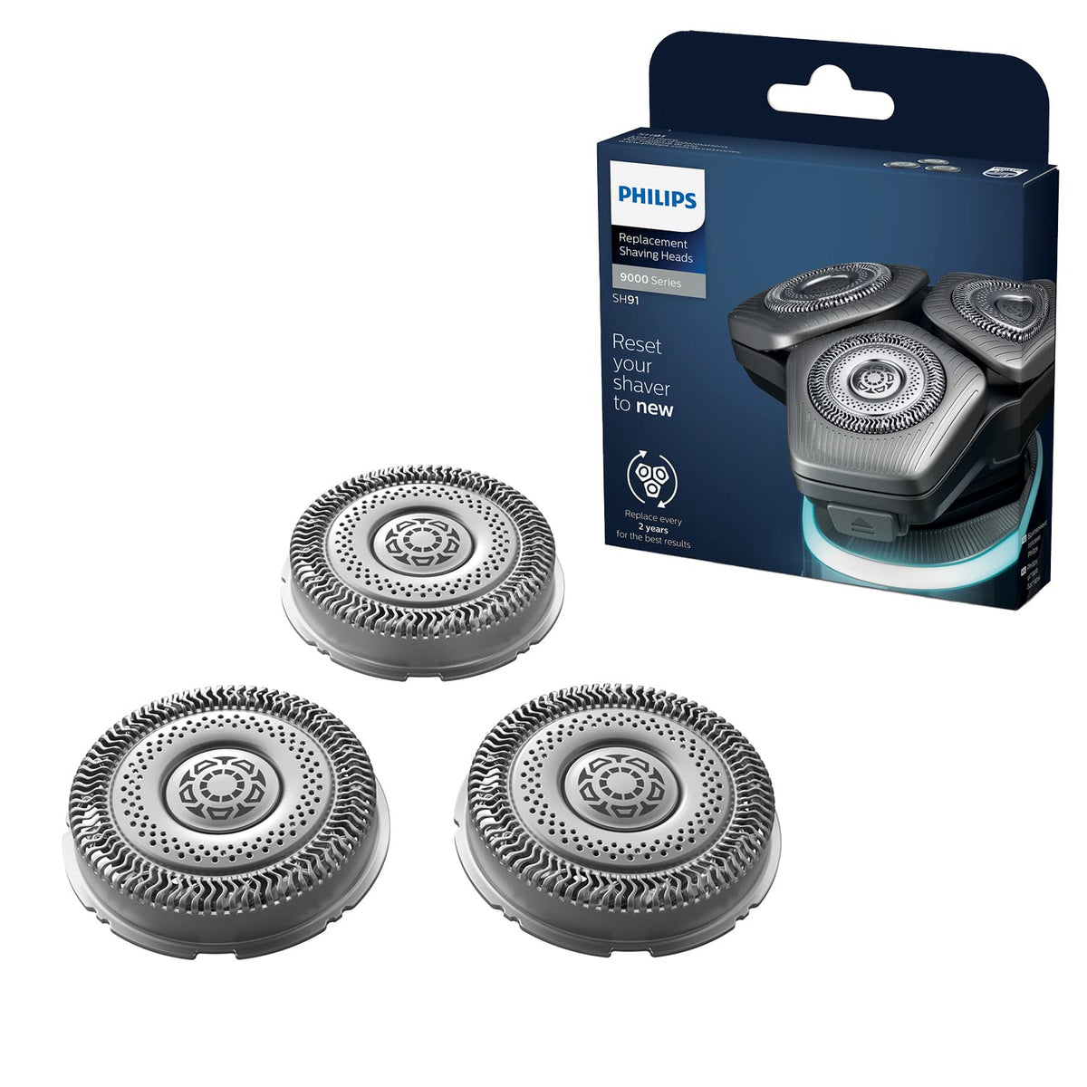 Philips S9000 replacement head closeup shows precision blades for closer shaves.