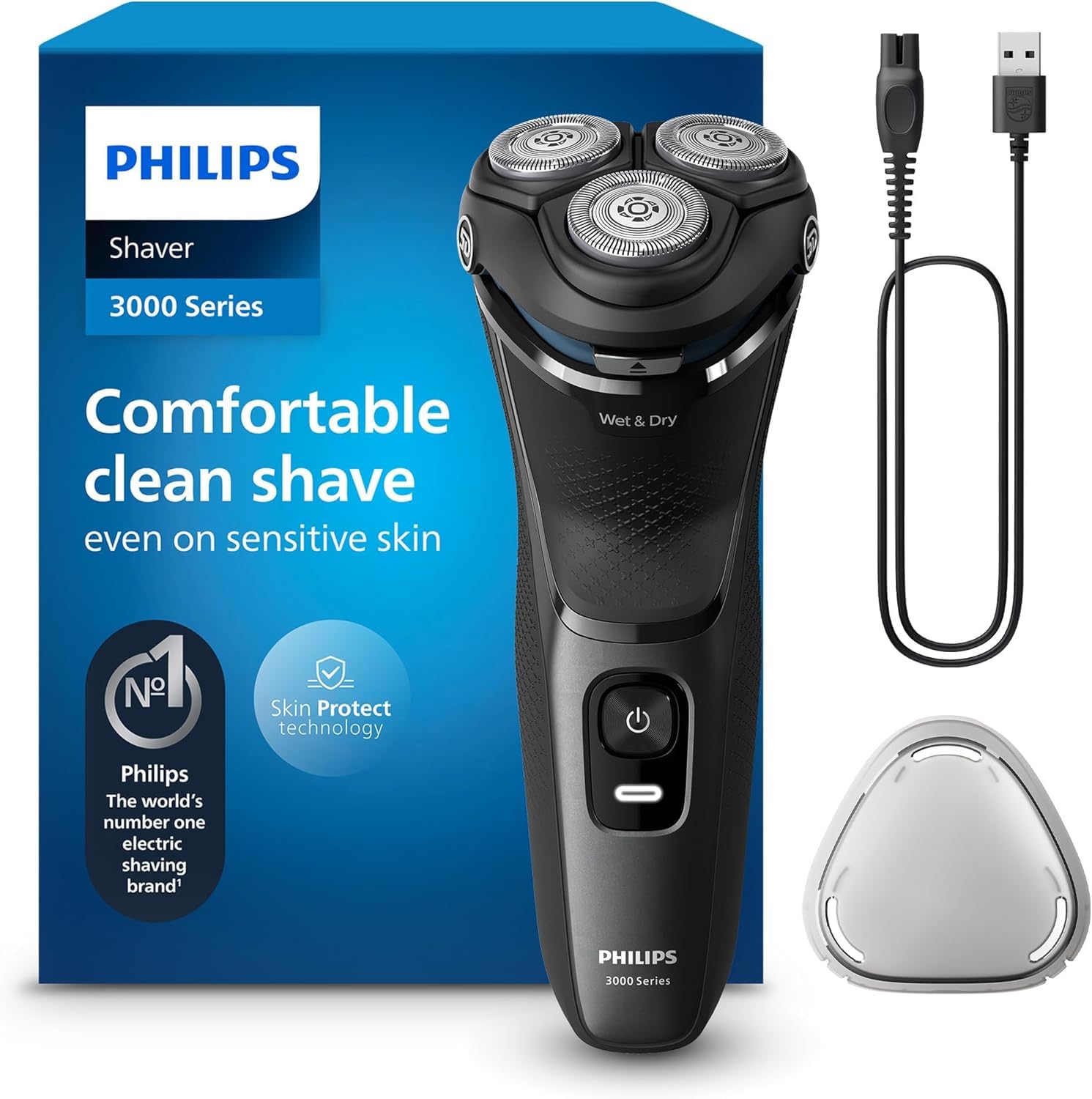 Philips Shaver 3000 front view shows ergonomic design for comfortable dry or wet shaving