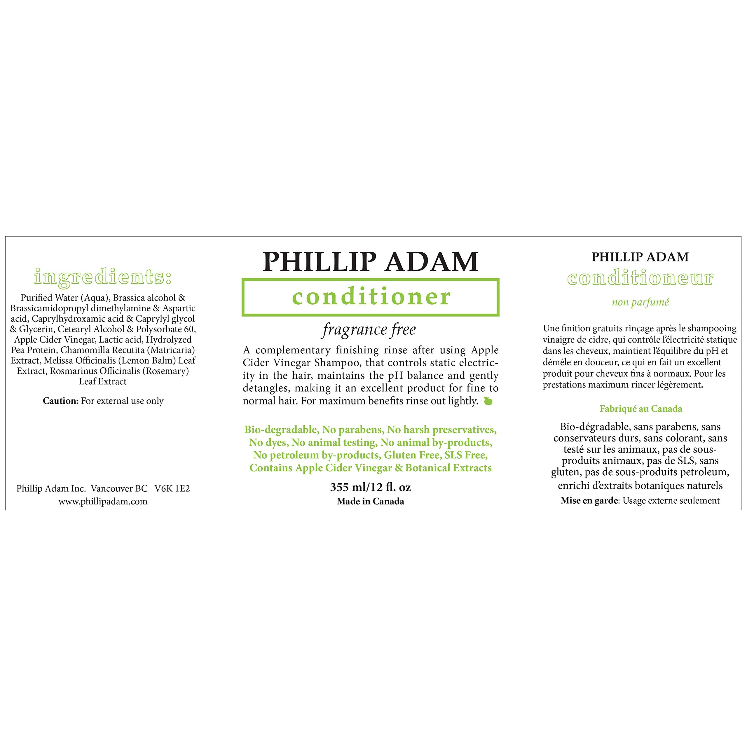 Phillip Adam apple cider vinegar bottle emphasizing gentle scalp balance.