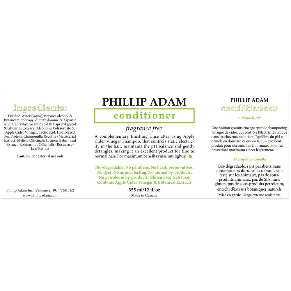 Phillip Adam apple cider vinegar bottle emphasizing gentle scalp balance.