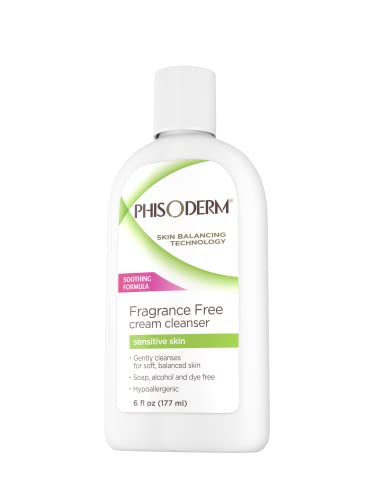 Phisoderm fragrance-free cream cleanser on skin shows soothing cleanse without irritation.