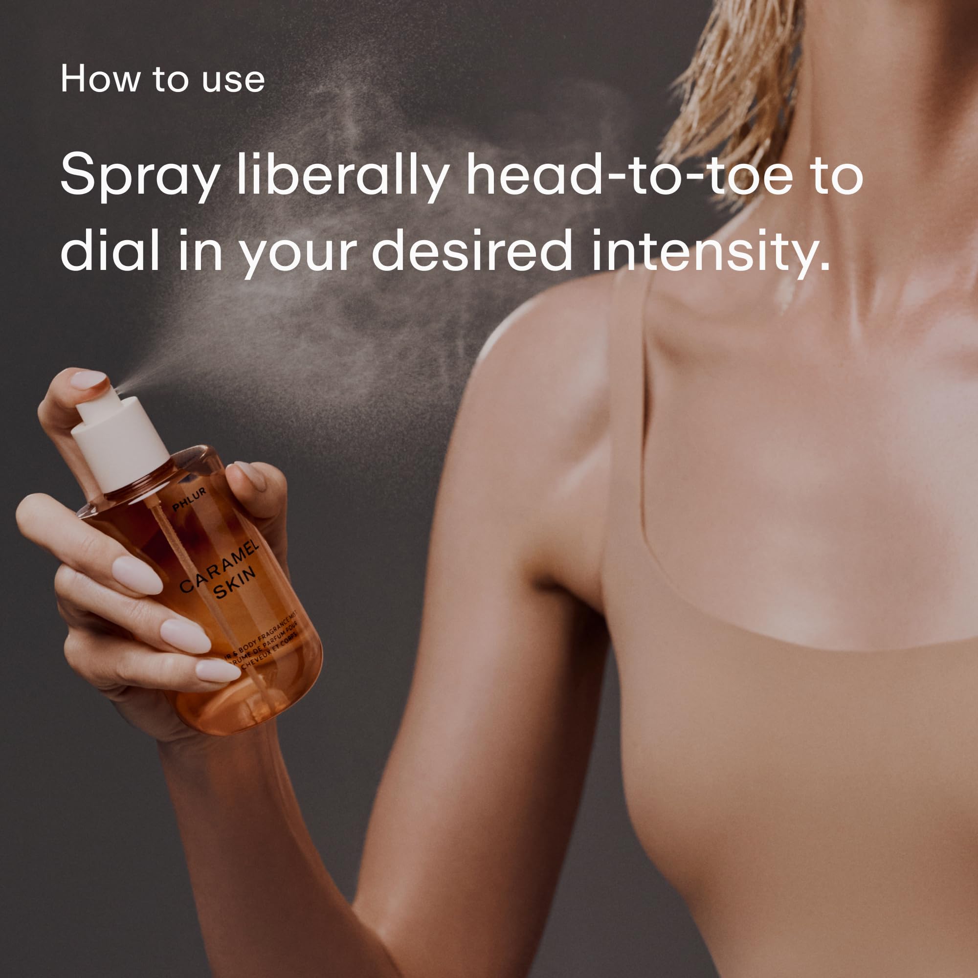 PHLUR Caramel Skin Body Mist spray application demonstrates easy spritz for hair and skin