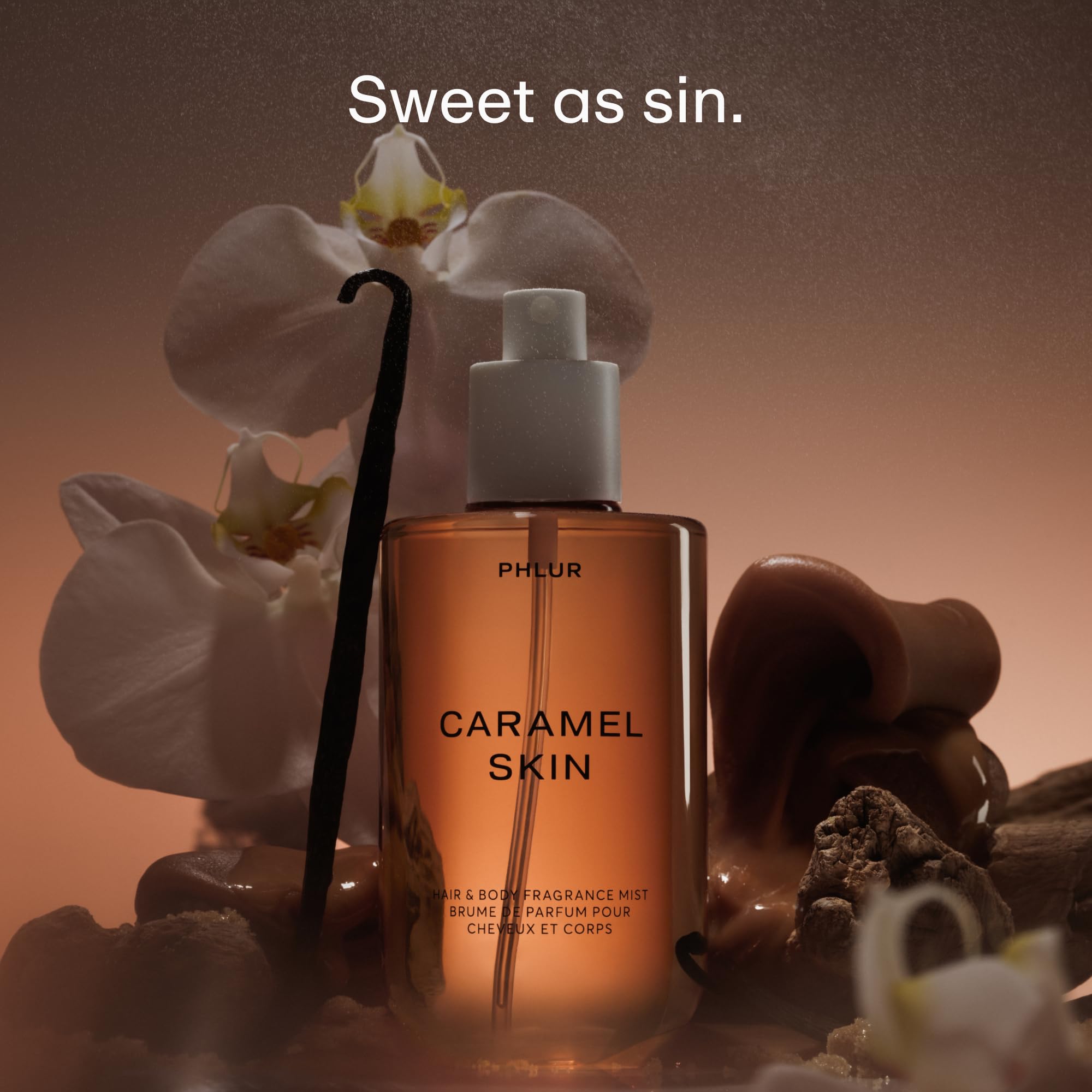 PHLUR Caramel Skin Body Mist vanilla-note close-up highlights creamy sweetness for everyday wear