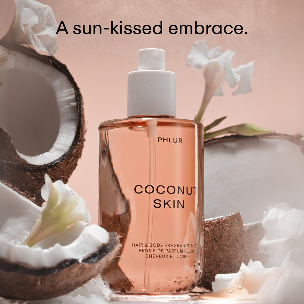 PHLUR Coconut Skin mist dispense captured for quick refresh and layering.
