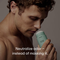 PHLUR Father Figure arrowroot powder scene emphasizes odor absorption without irritation.