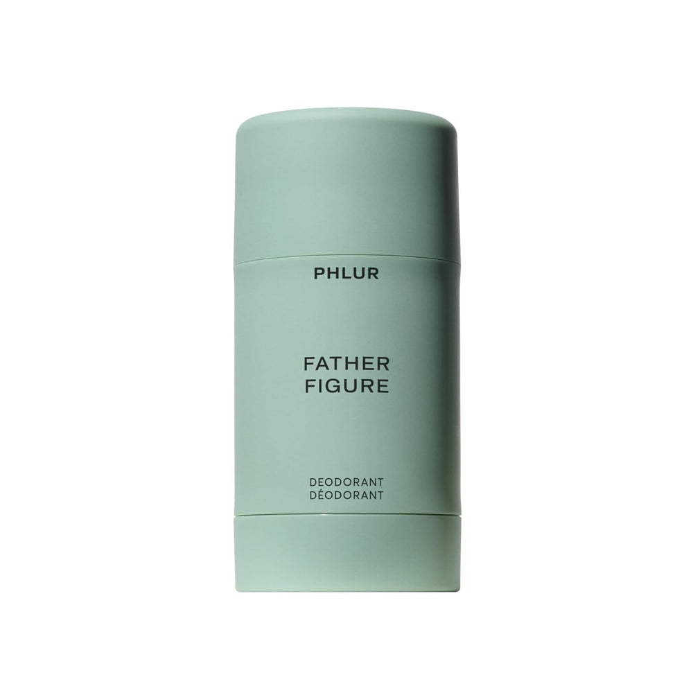 PHLUR Father Figure deodorant bottle closeup showing aluminum-free protection for daily use.
