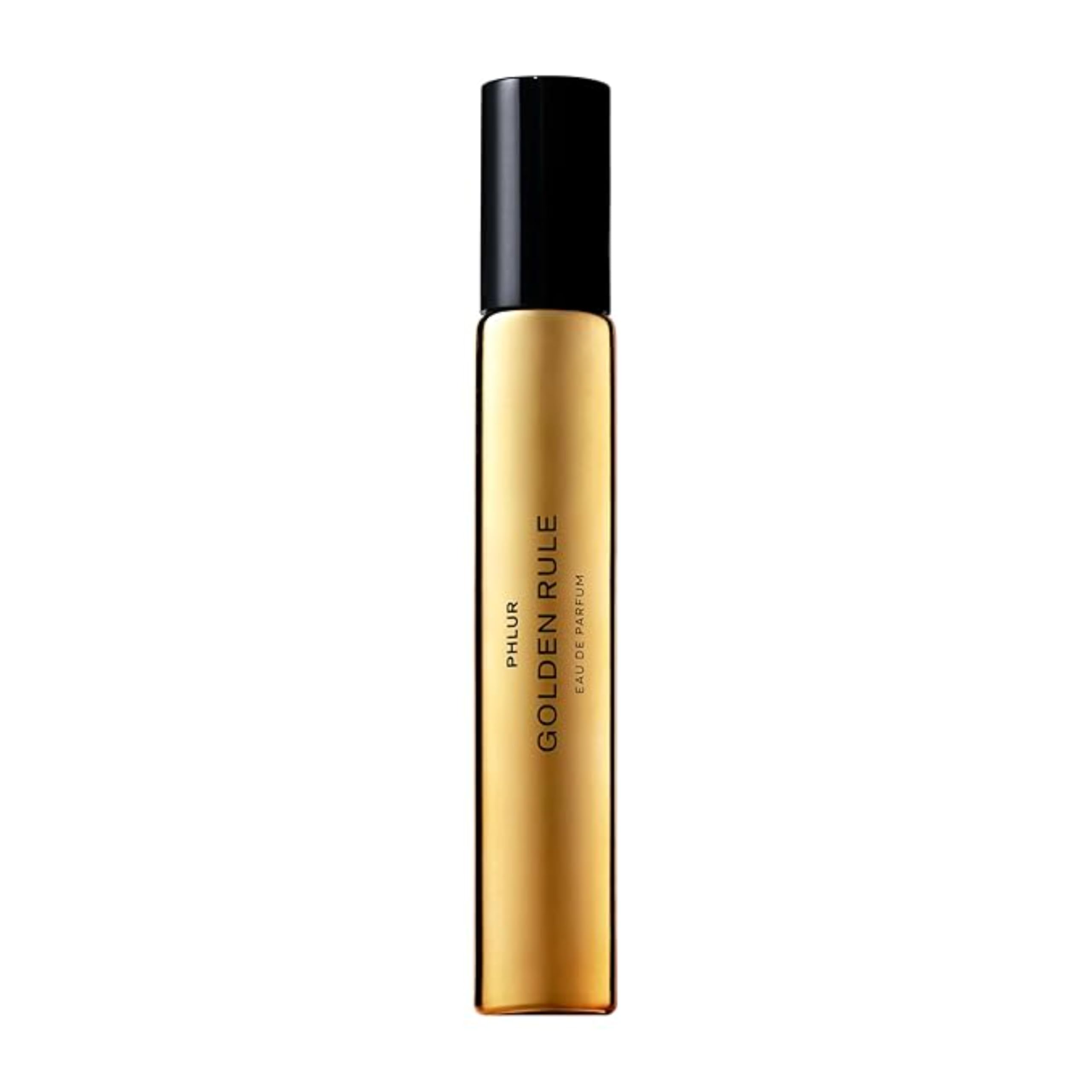 PHLUR Golden Rule bottle front, travel-ready design for on-the-go fragrance.