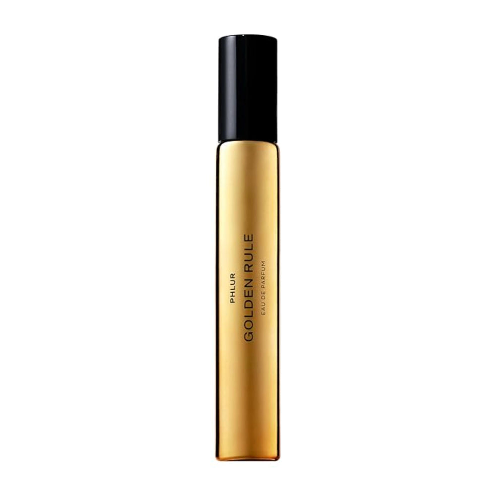 PHLUR Golden Rule bottle front, travel-ready design for on-the-go fragrance.