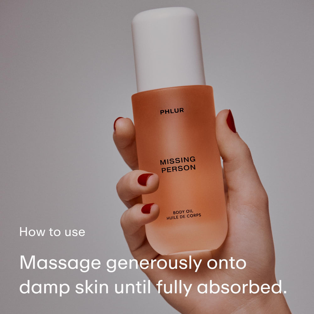 PHLUR Missing Person body oil with ceramide-rich oils.