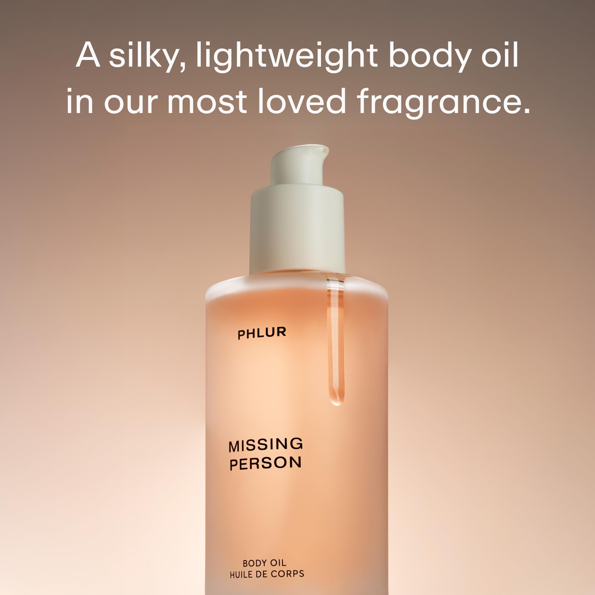 PHLUR Missing Person body oil pour showing quick-absorb formula.