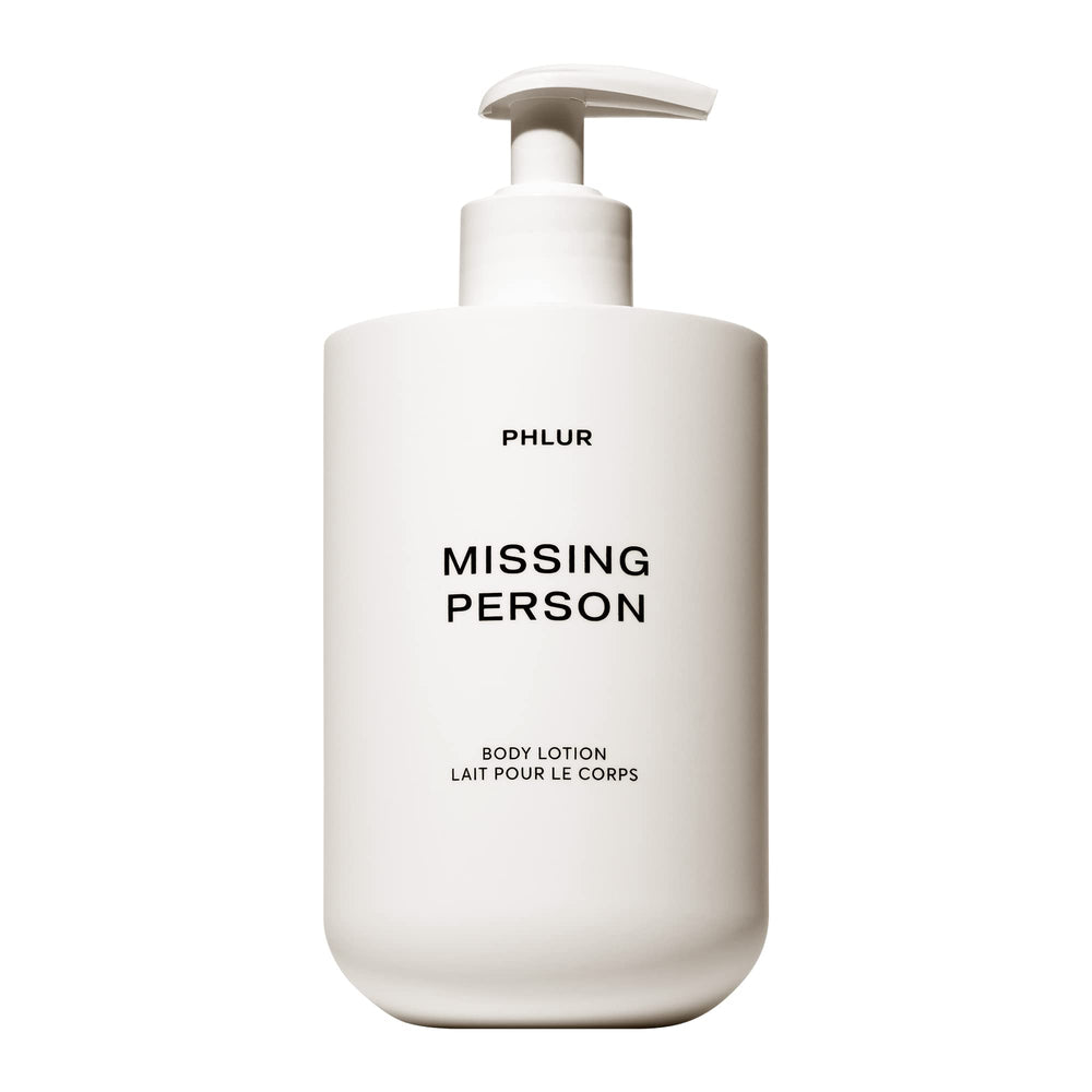 PHLUR Missing Person lotion front bottle shows 16oz hydration for dry skin
