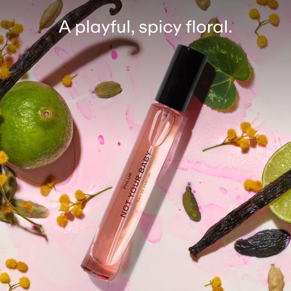 PHLUR Not Your Baby heart notes mimosa and violet for a playful vibe.