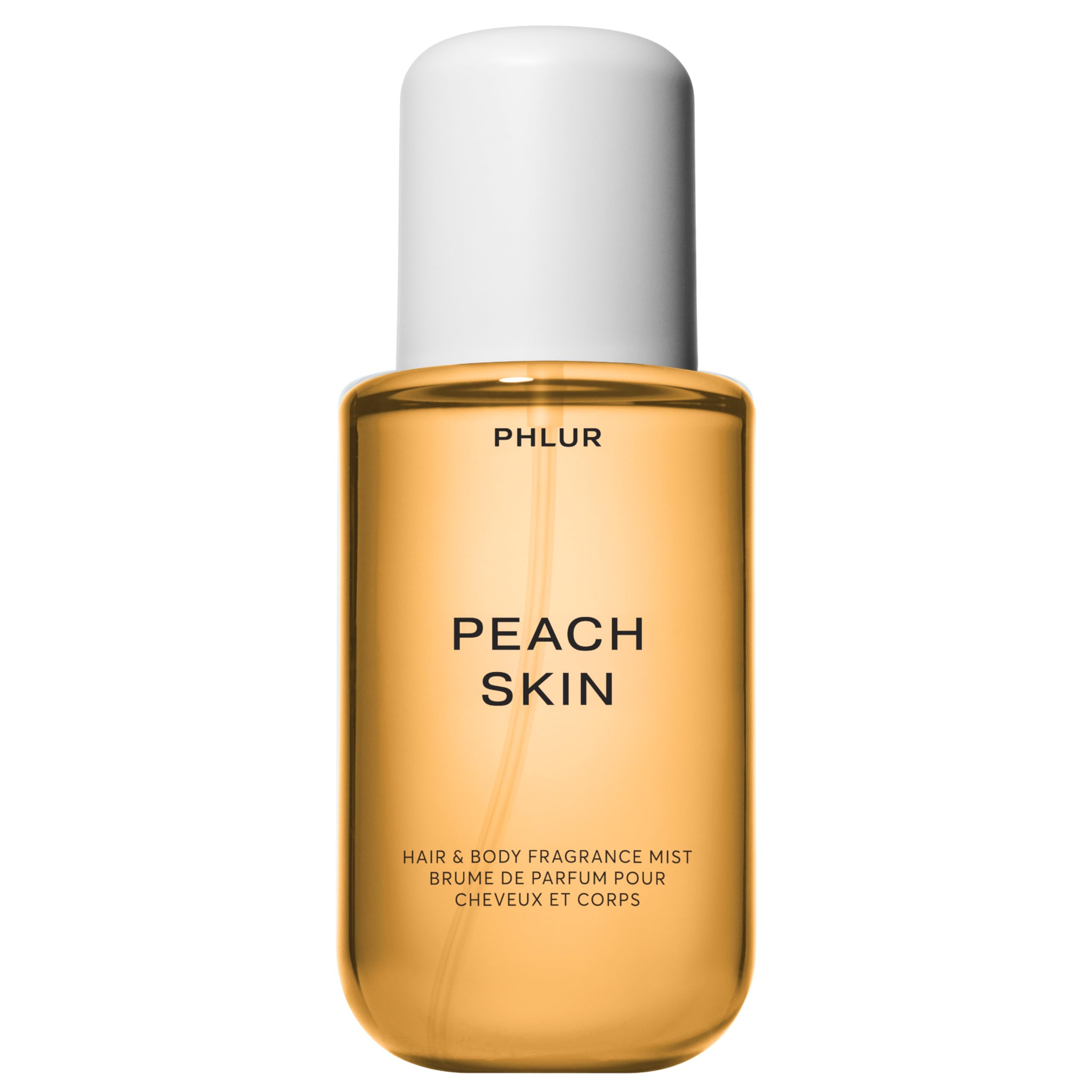 PHLUR Peach Skin Body Mist bottle pour highlights juicy sweetness for daily refreshment.