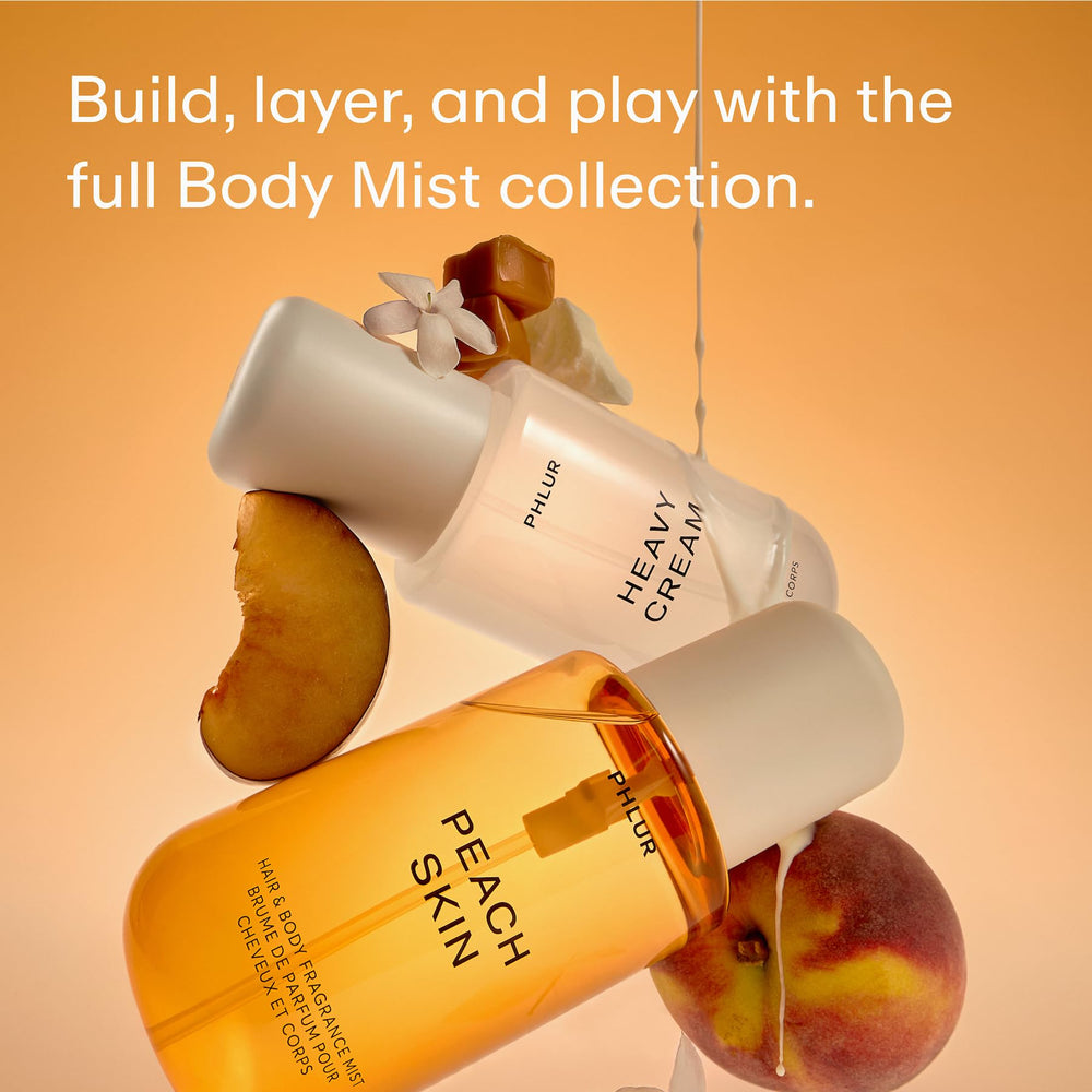 PHLUR Peach Skin Body Mist scent notes board highlights peach, freesia, and bergamot layering.