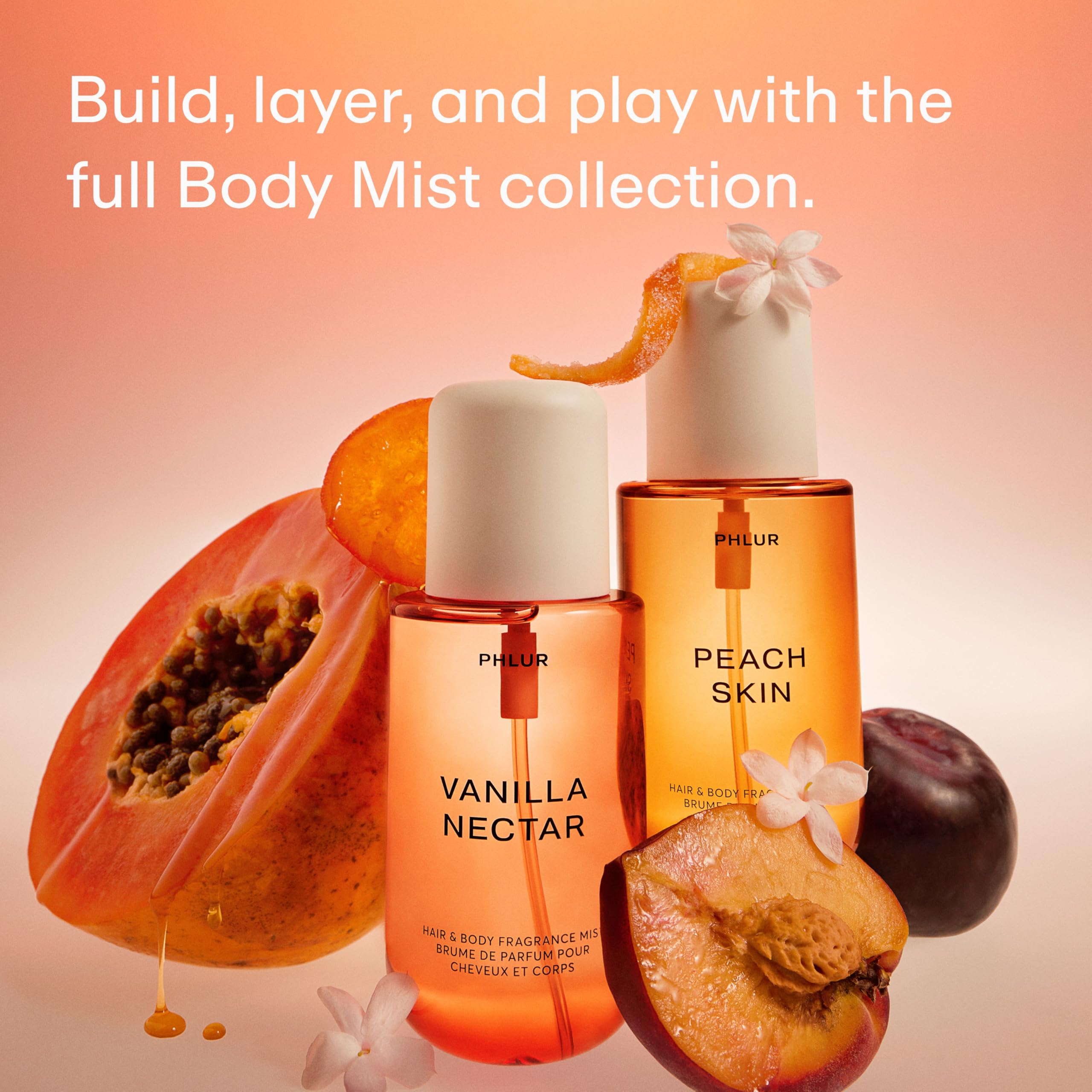 PHLUR Vanilla Nectar mist being used on hair and body for layering.