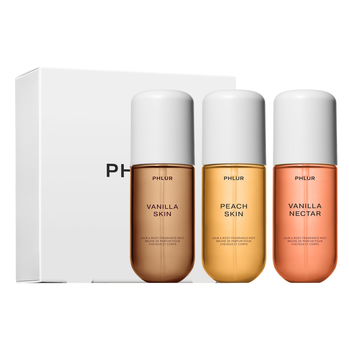PHLUR Vanilla Peach Trio packaging showcases gift-ready set for on-the-go fragrance discovery.
