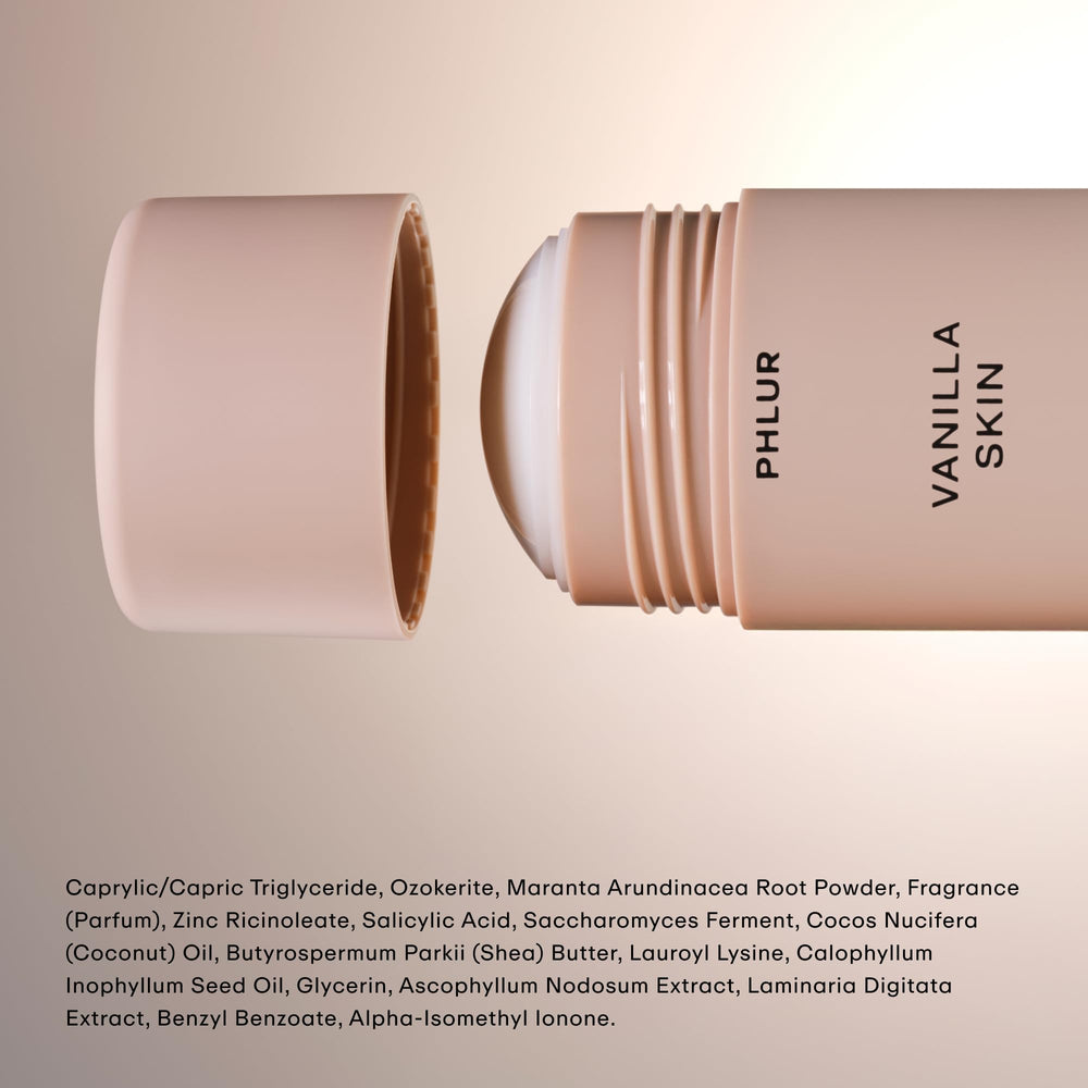 PHLUR Vanilla Skin deodorant packaging emphasizing recyclability and sustainability.