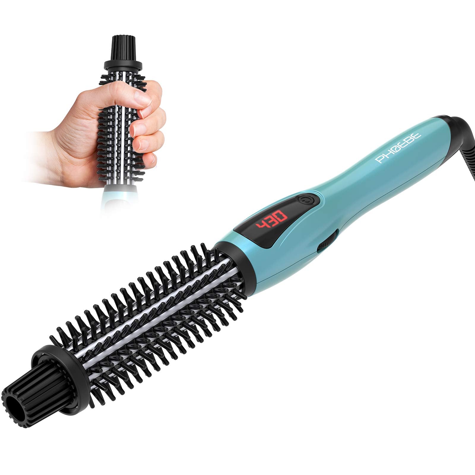PHOEBE curling iron brush with anti-scald bristles for safer styling.