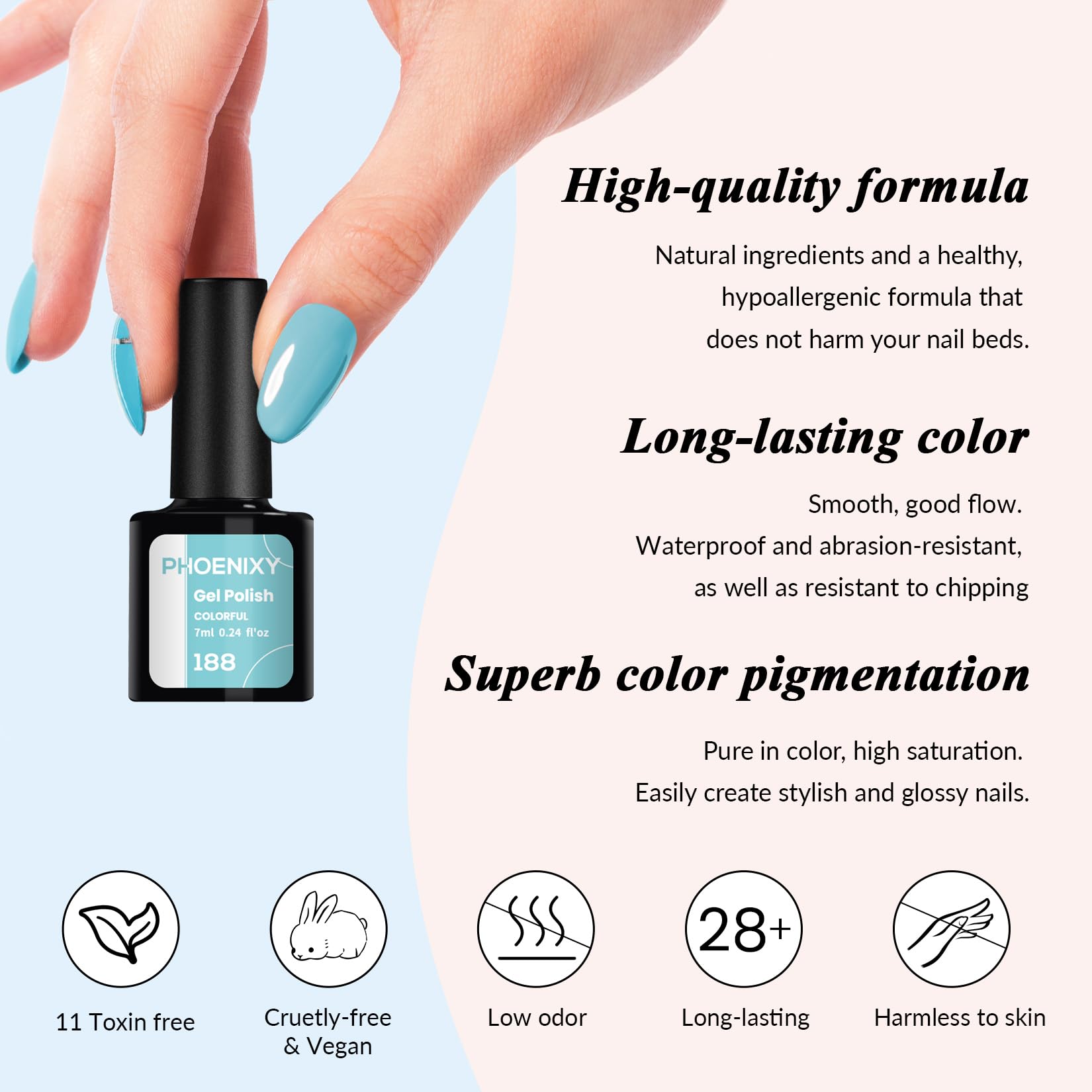 Phoenixy 36 vibrant gel colors offer endless options for nail art.