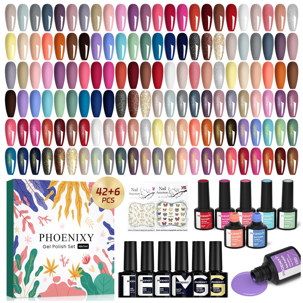 Phoenixy 50 Pcs Gel Nail Polish Set color swatches show 42 hues for versatile nail art options.