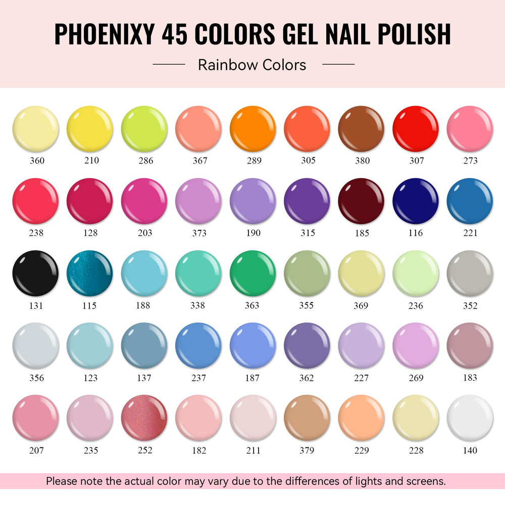 Phoenixy 45 vibrant gel colors palette showcased for versatile shade options.
