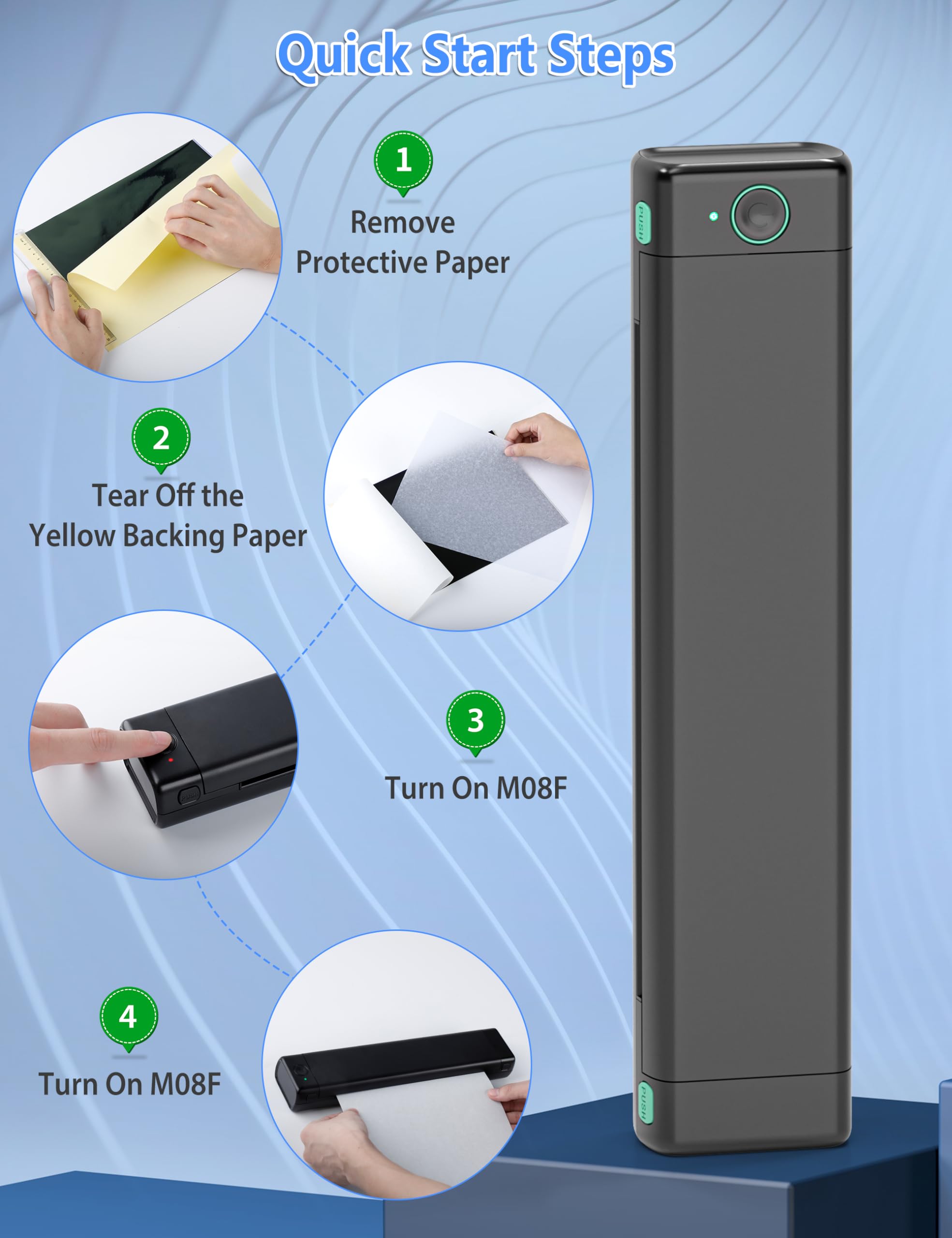 Phomemo M08F charger note emphasizes safe 5V power use for reliable operation.