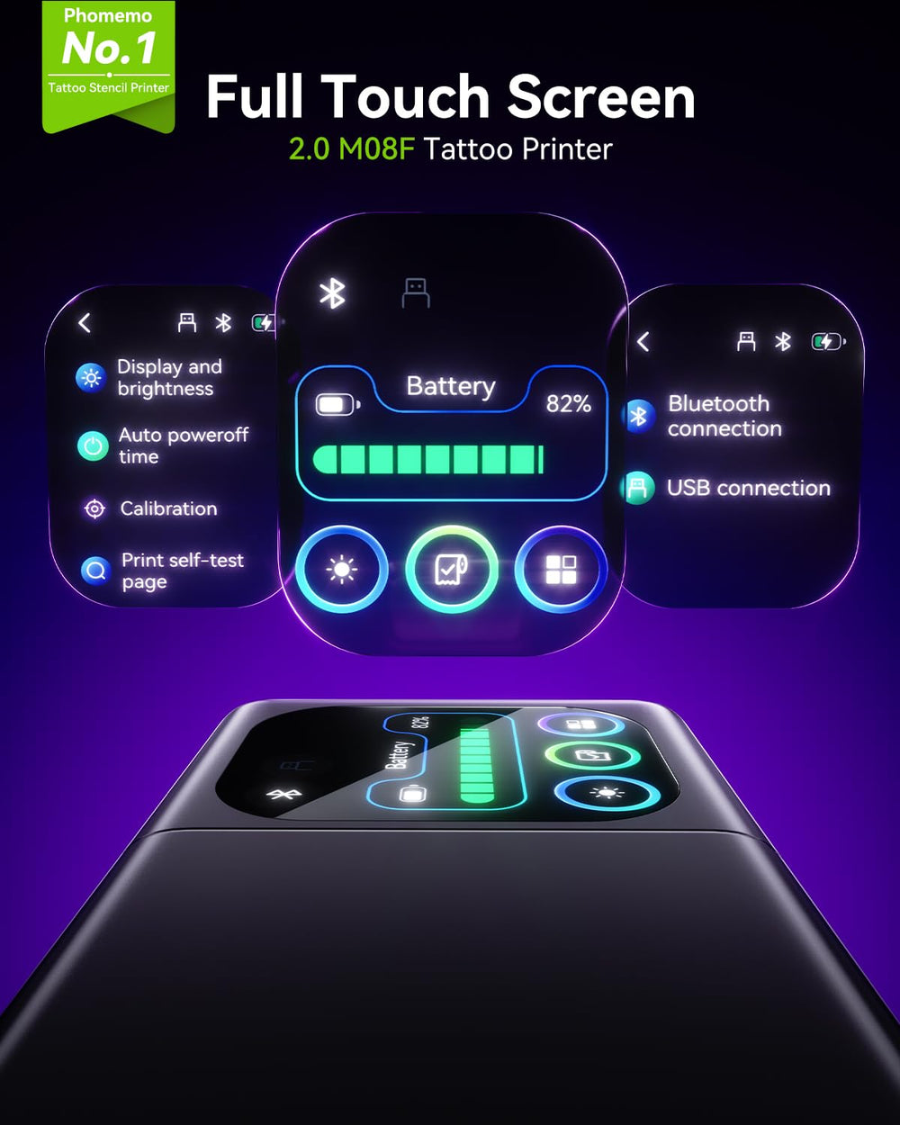 Phomemo M08F Plus Bluetooth connection enabling wireless tattoo workflow.