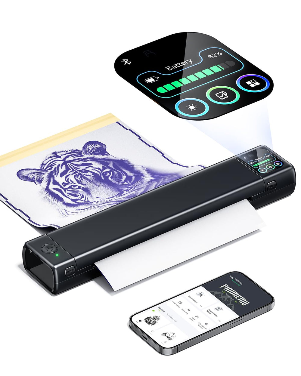 Phomemo M08F Plus touchscreen interface for intuitive stencil control and quick adjustments.