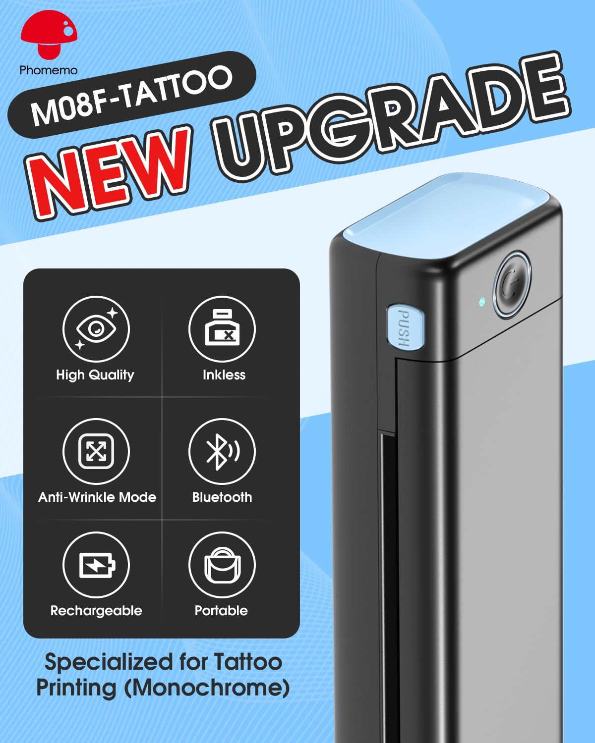 Phomemo M08F back with ports showing USB/Bluetooth connectivity